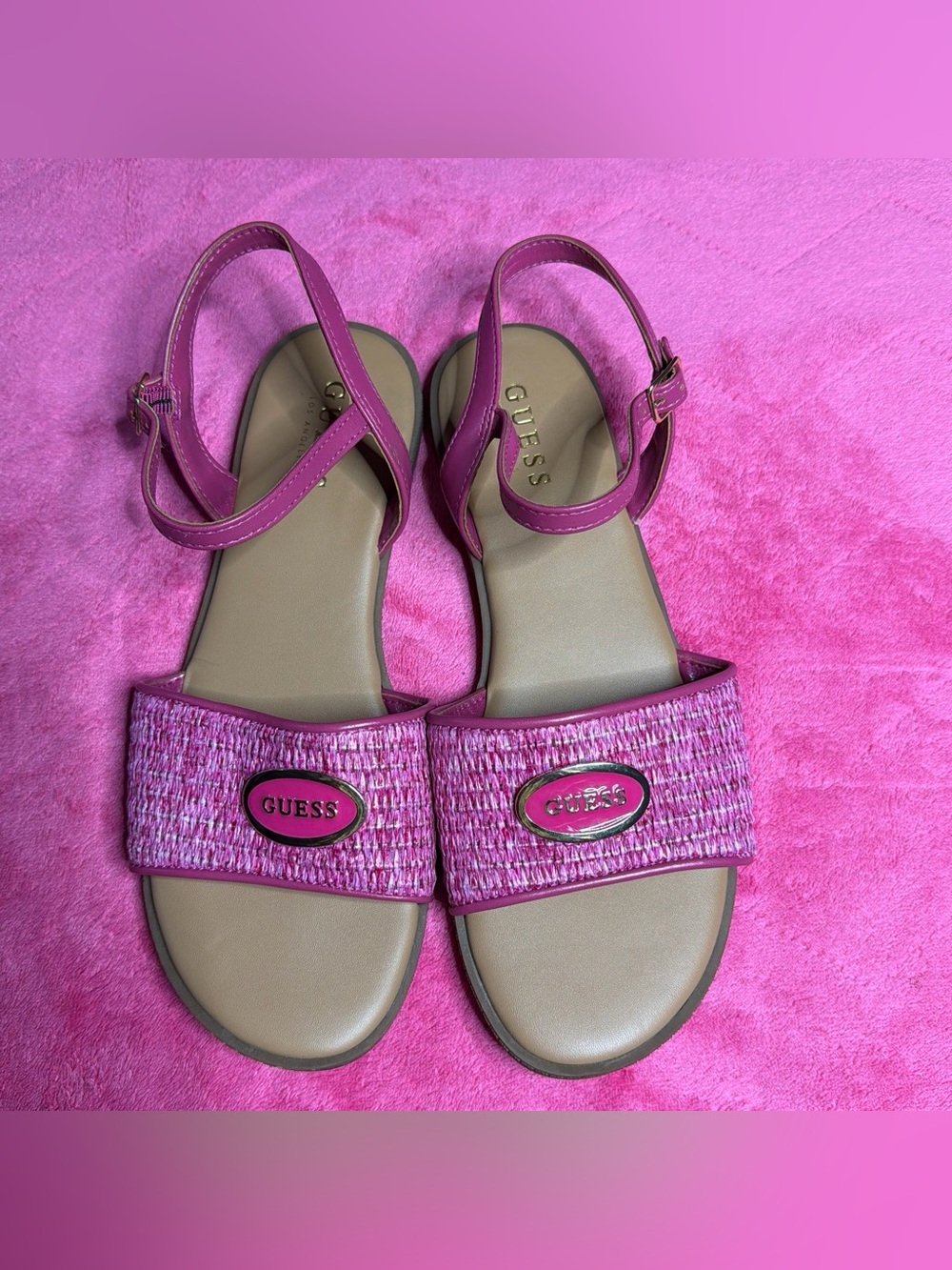 GUESS Pink Textured Slingback Sandals with Logo Plaque